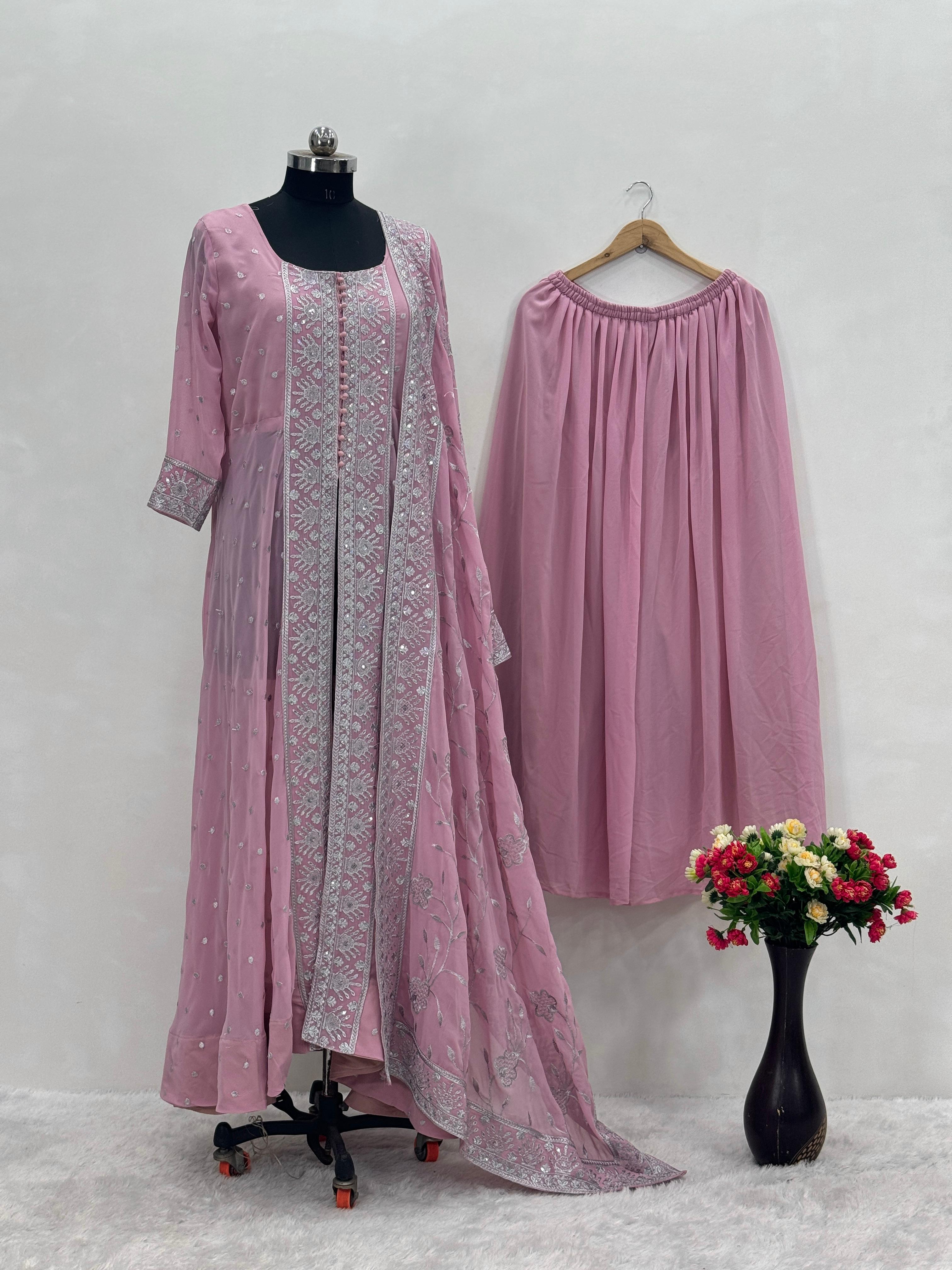 Wedding Wear Lavender Color Heavy Faux Georgette With Embroidery Sequence Work Designer Sharara Suit