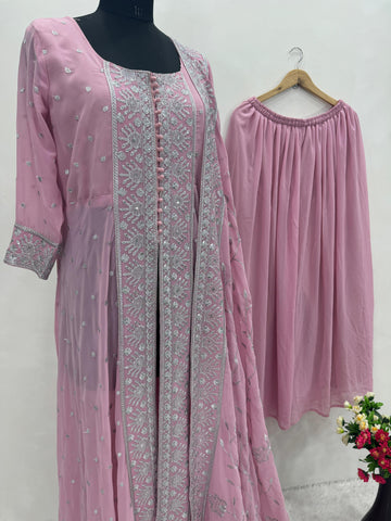 Wedding Wear Lavender Color Heavy Faux Georgette With Embroidery Sequence Work Designer Sharara Suit