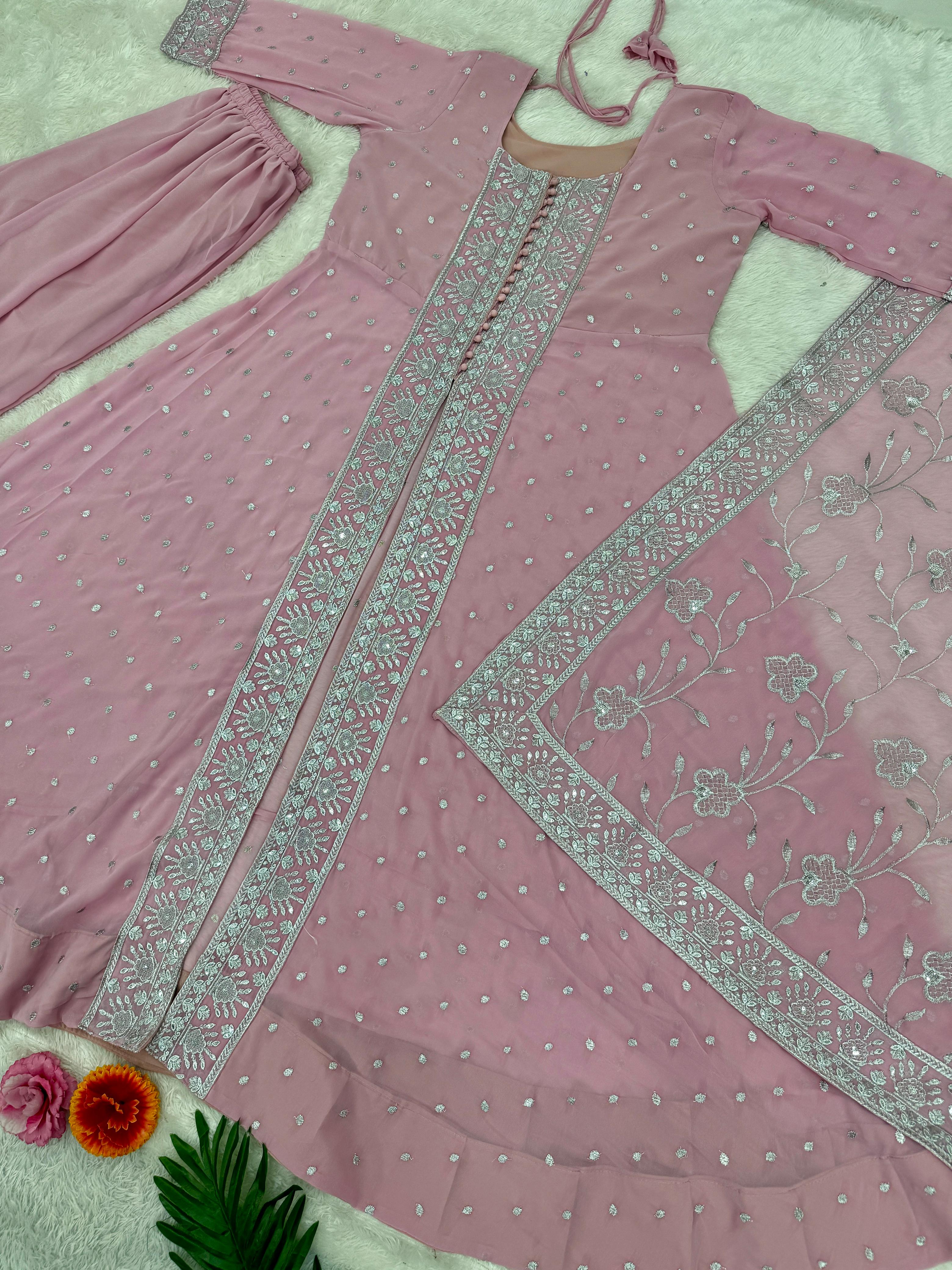 Wedding Wear Lavender Color Heavy Faux Georgette With Embroidery Sequence Work Designer Sharara Suit