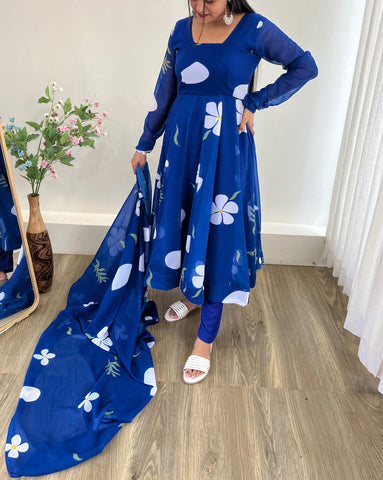 Party Wear Blue Color Faux Georgette Soft With Digital Printed Designer Gown