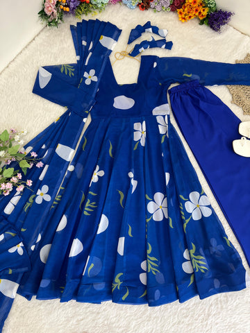 Party Wear Blue Color Faux Georgette Soft With Digital Printed Designer Gown