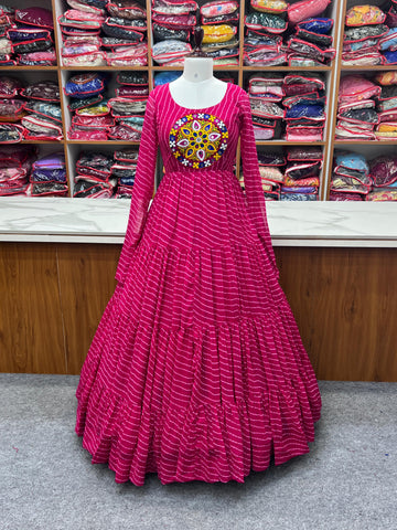 Navratri Wear Pink Color Heavy Pure Soft Fox Georgette Laheriya Print Anarkali Gown