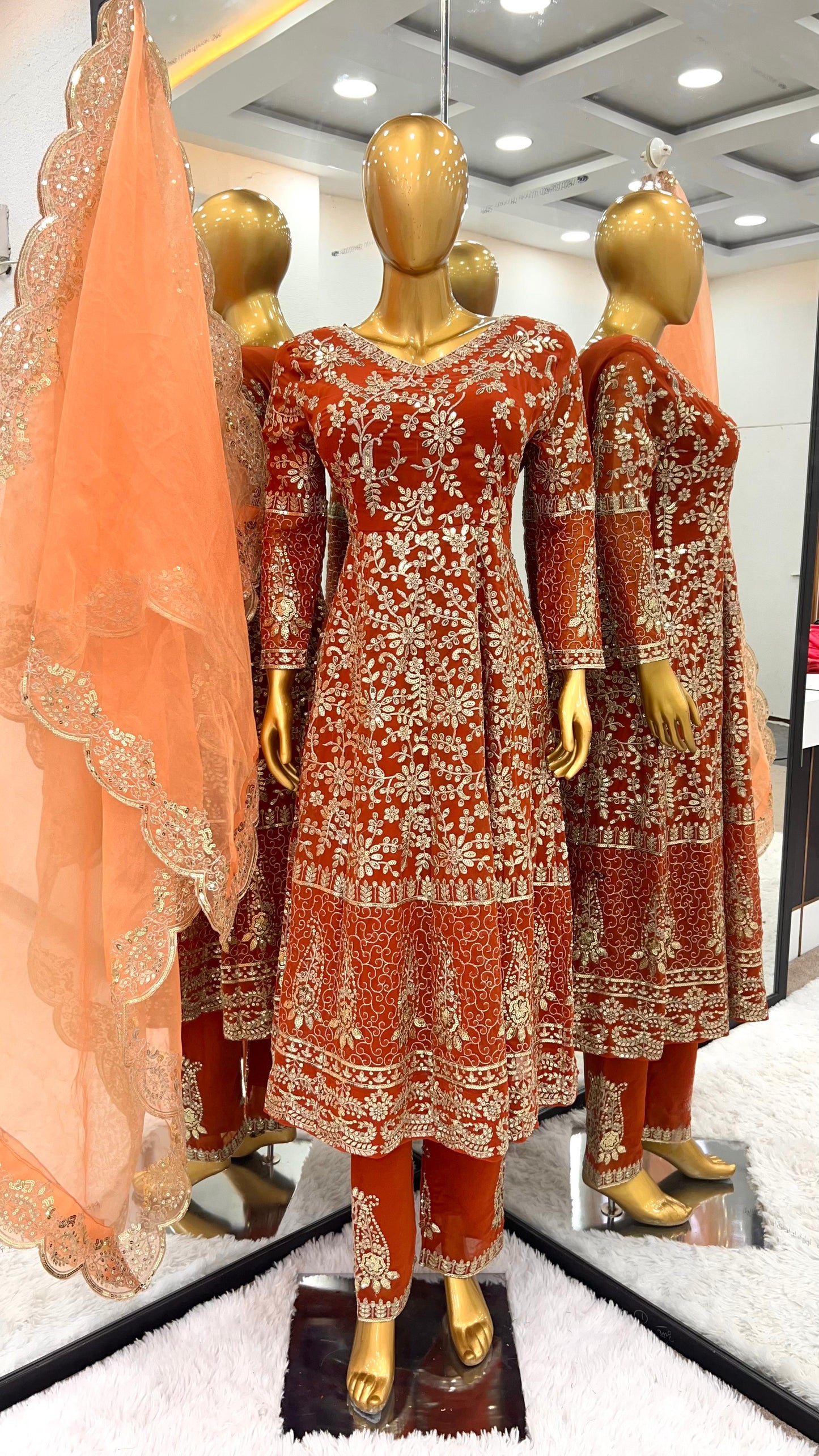 Trendy Orange Color Pure Heavy Faux Georgette With Full Heavy Embroidery Sequence Work Anarkali Suit