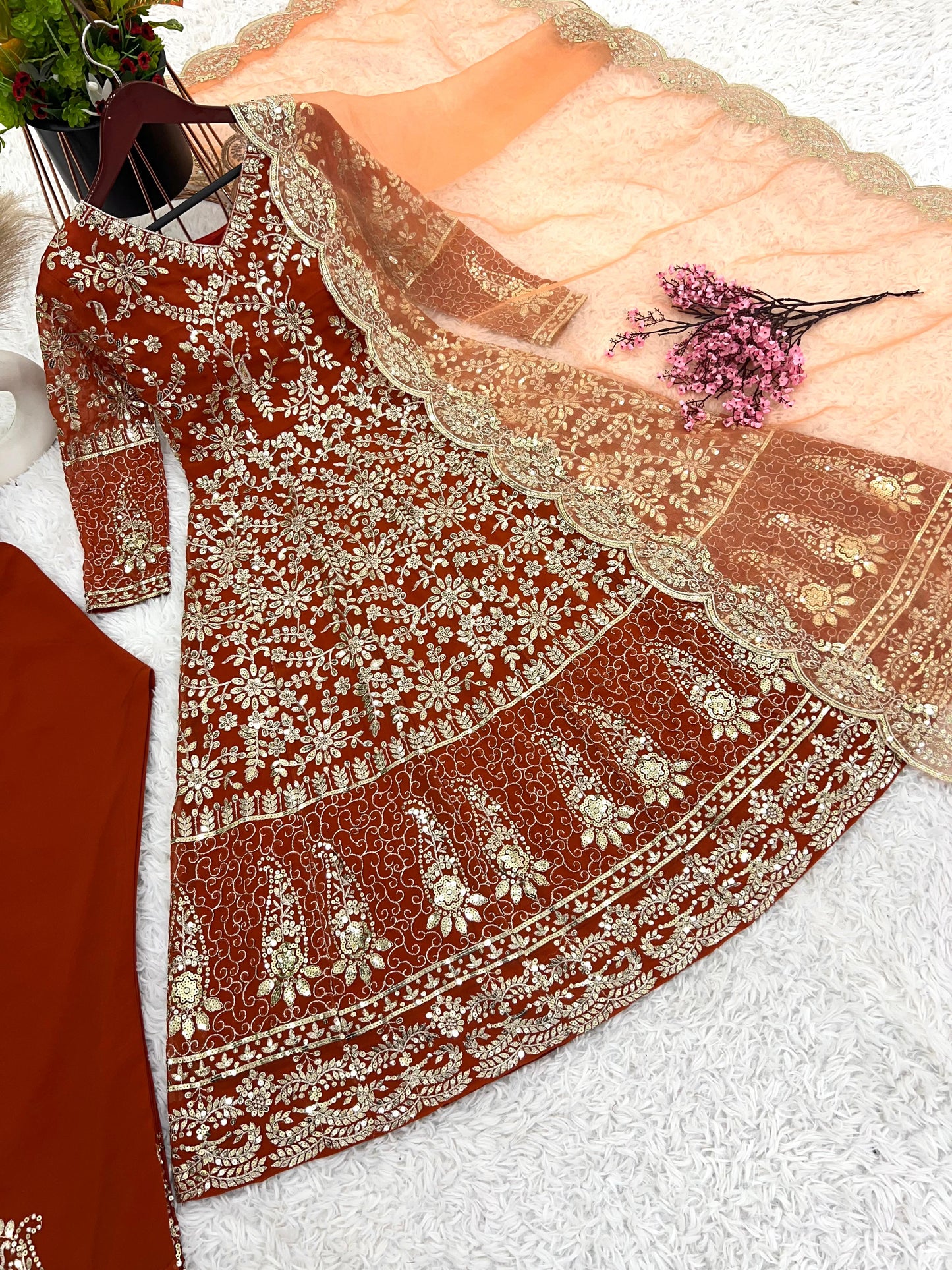Trendy Orange Color Pure Heavy Faux Georgette With Full Heavy Embroidery Sequence Work Anarkali Suit