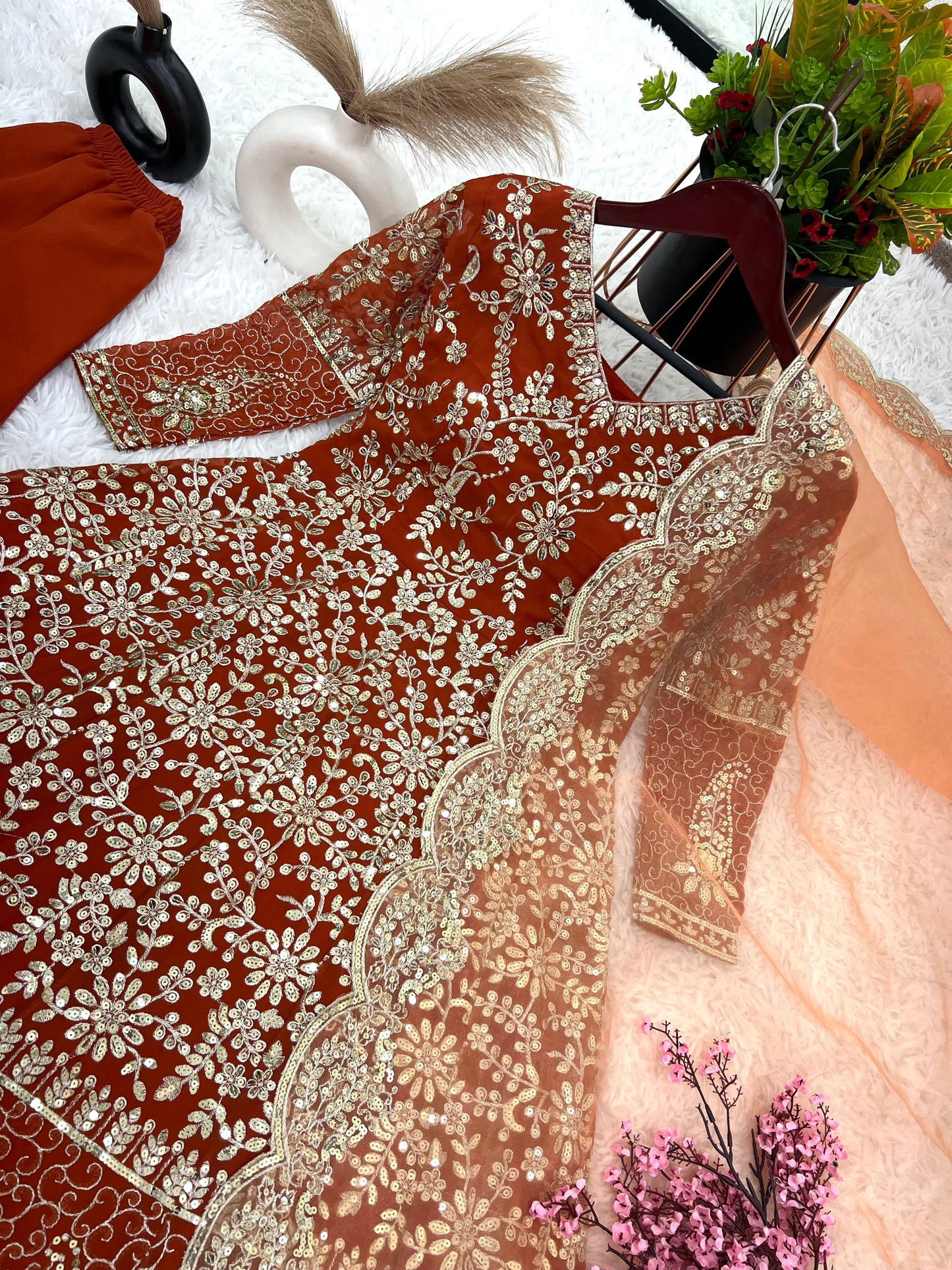 Trendy Orange Color Pure Heavy Faux Georgette With Full Heavy Embroidery Sequence Work Anarkali Suit