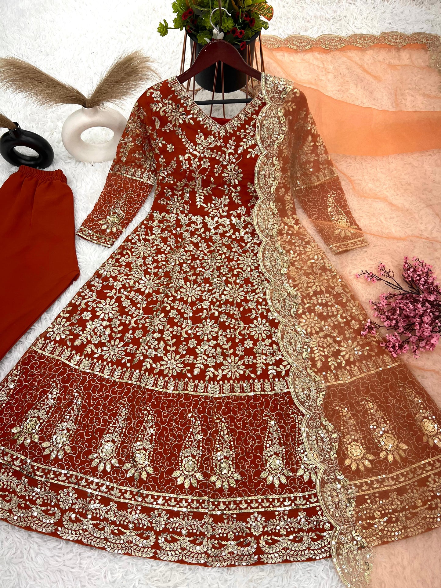 Trendy Orange Color Pure Heavy Faux Georgette With Full Heavy Embroidery Sequence Work Anarkali Suit