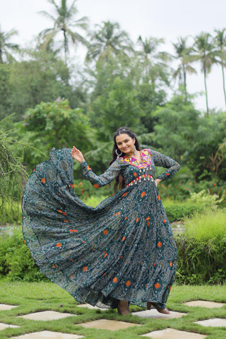 Admiring Teal Green Color Bandhani Print Work With Kutchi Patchwork Georgette Designer Navratri Gown