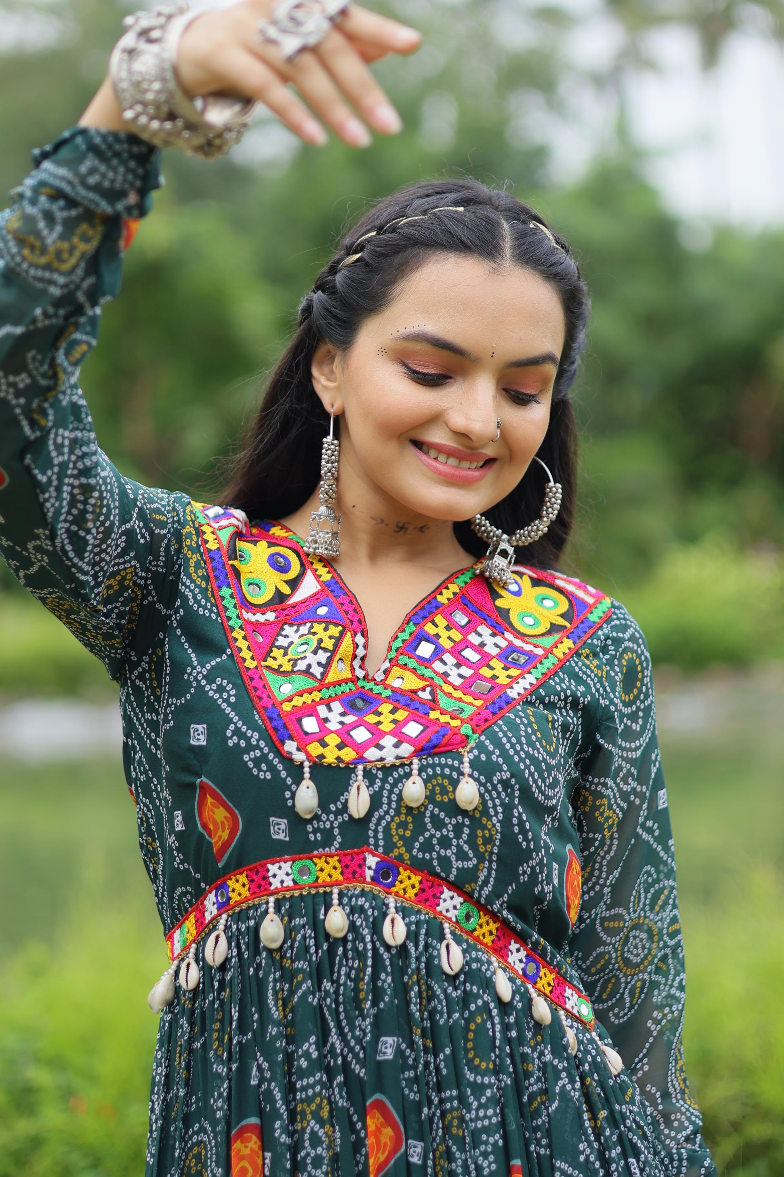 Admiring Teal Green Color Bandhani Print Work With Kutchi Patchwork Georgette Designer Navratri Gown