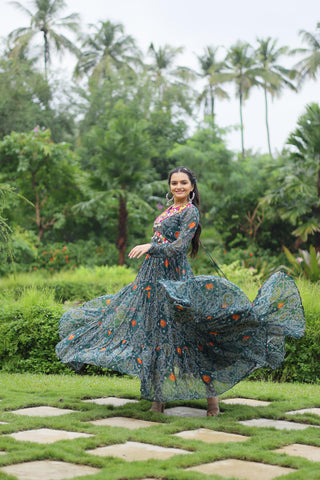 Admiring Teal Green Color Bandhani Print Work With Kutchi Patchwork Georgette Designer Navratri Gown