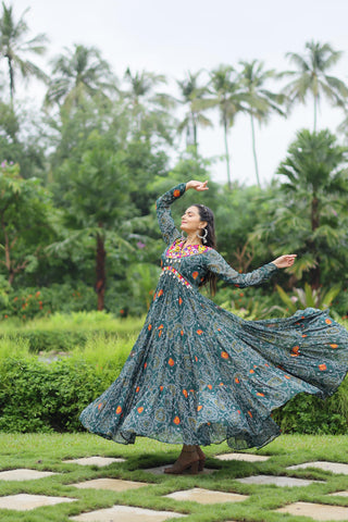 Admiring Teal Green Color Bandhani Print Work With Kutchi Patchwork Georgette Designer Navratri Gown