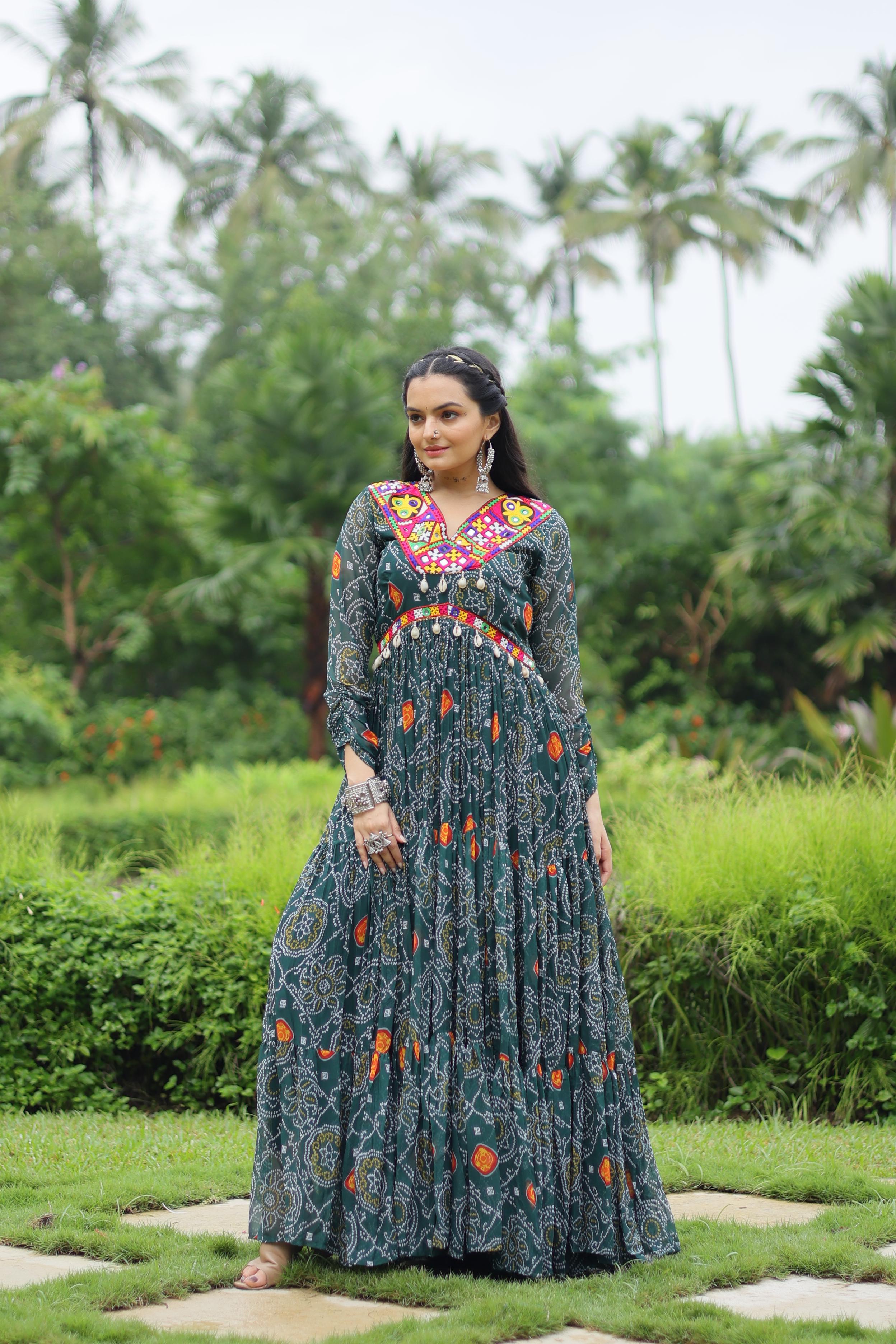Admiring Teal Green Color Bandhani Print Work With Kutchi Patchwork Georgette Designer Navratri Gown