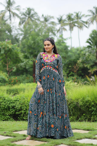 Admiring Teal Green Color Bandhani Print Work With Kutchi Patchwork Georgette Designer Navratri Gown