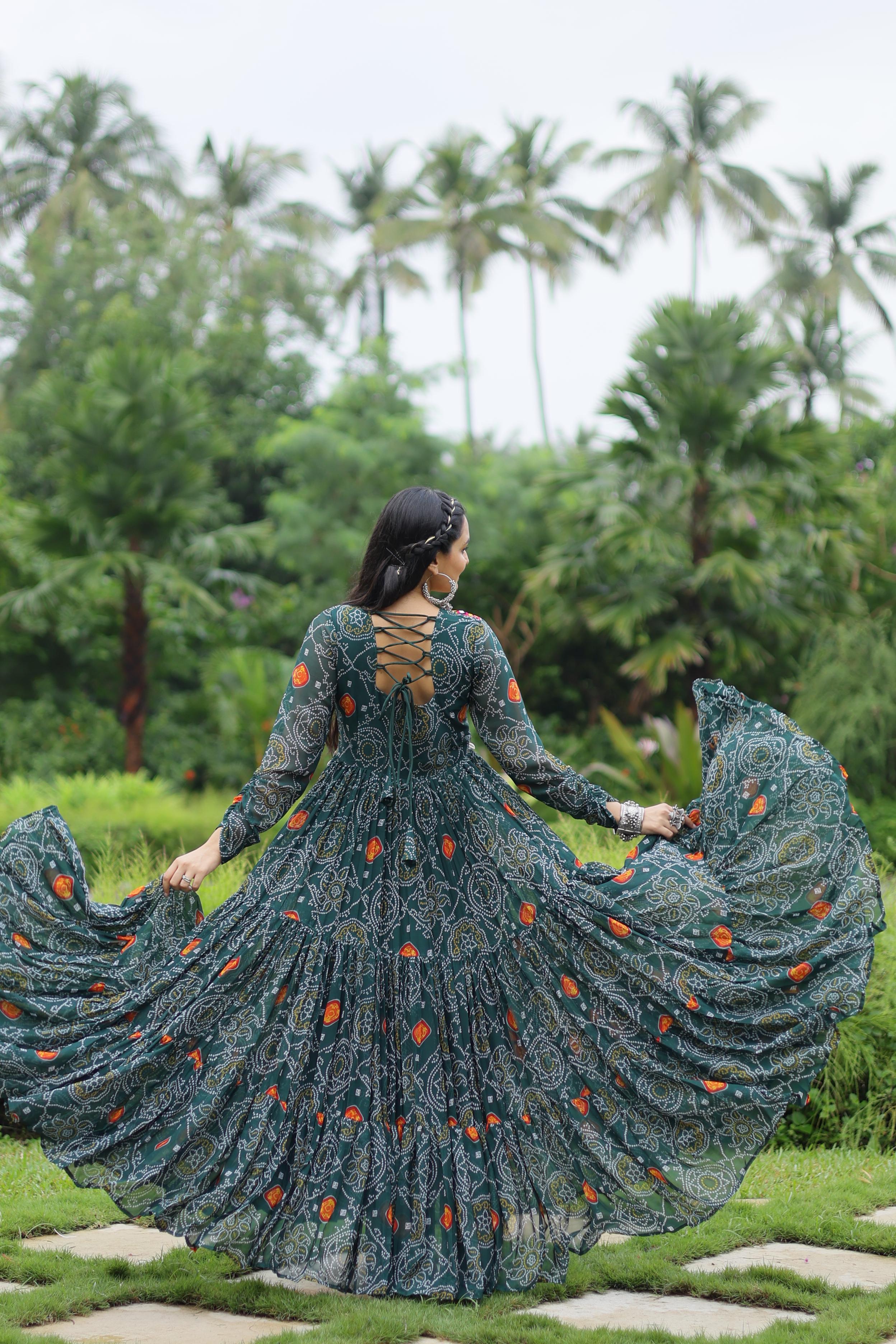 Admiring Teal Green Color Bandhani Print Work With Kutchi Patchwork Georgette Designer Navratri Gown