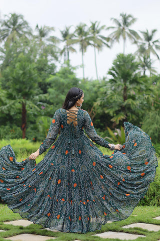 Admiring Teal Green Color Bandhani Print Work With Kutchi Patchwork Georgette Designer Navratri Gown