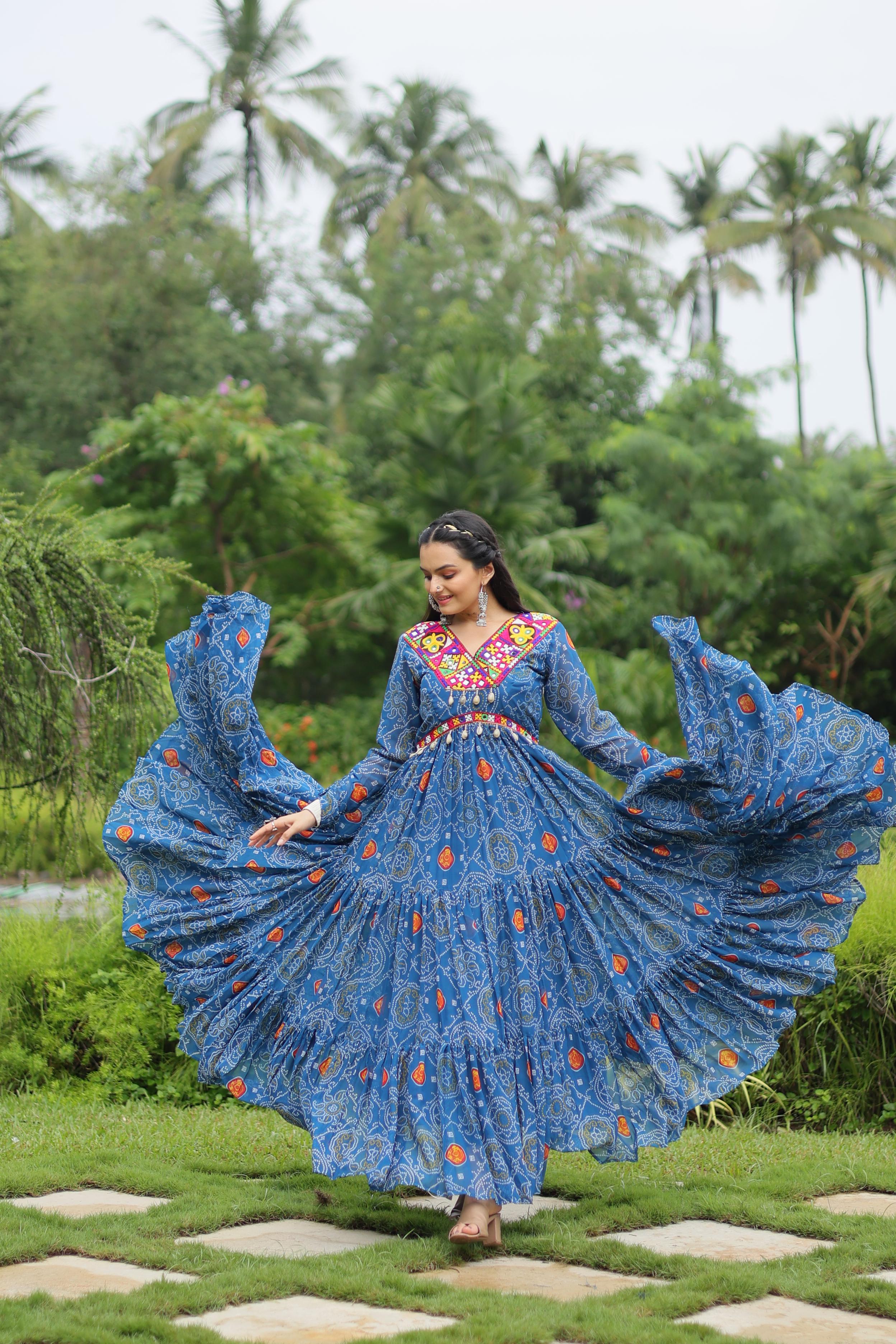 Sky Blue Color Bandhani Print Work Georgette Designer Navratri Gown