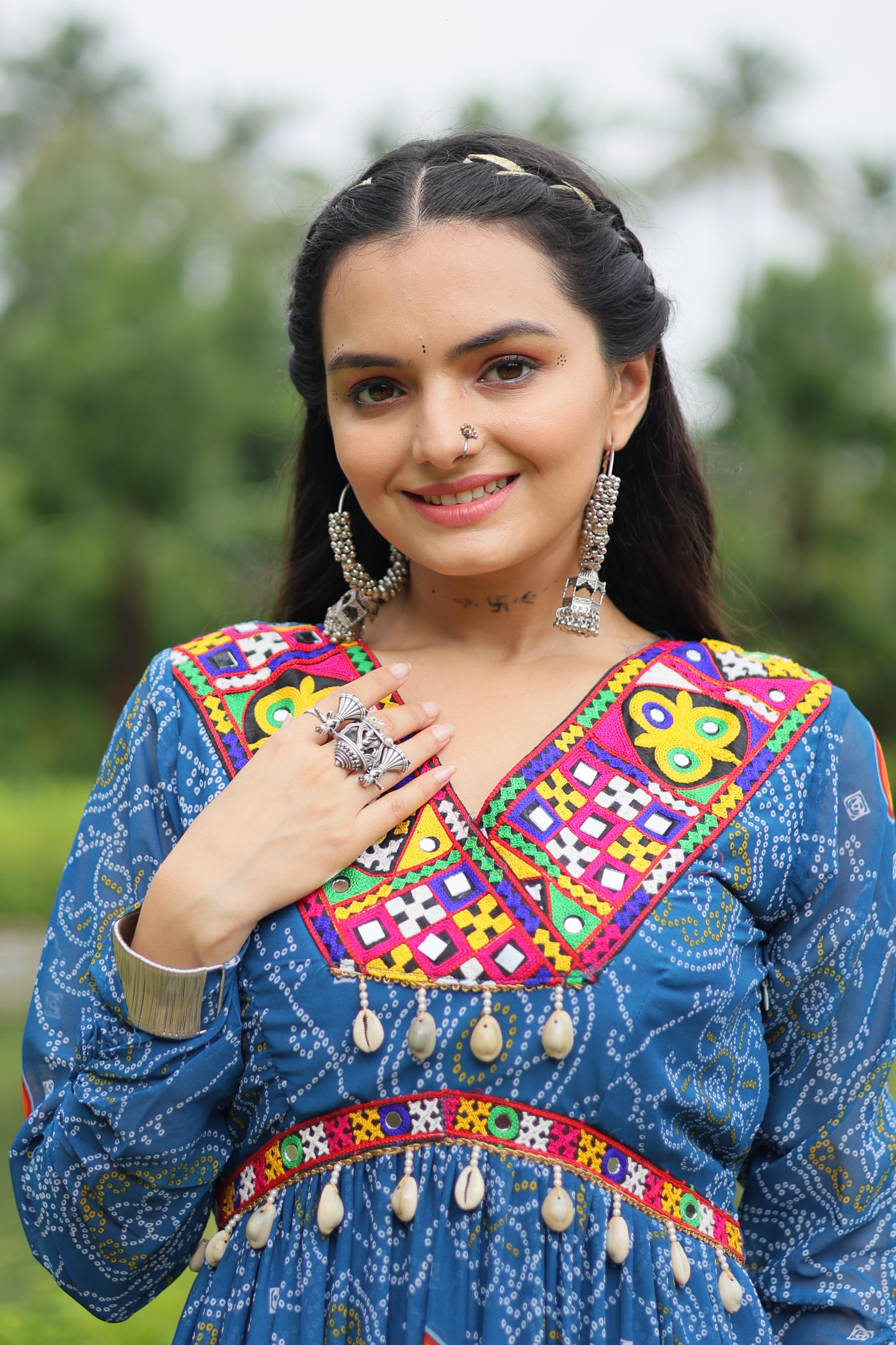 Sky Blue Color Bandhani Print Work Georgette Designer Navratri Gown