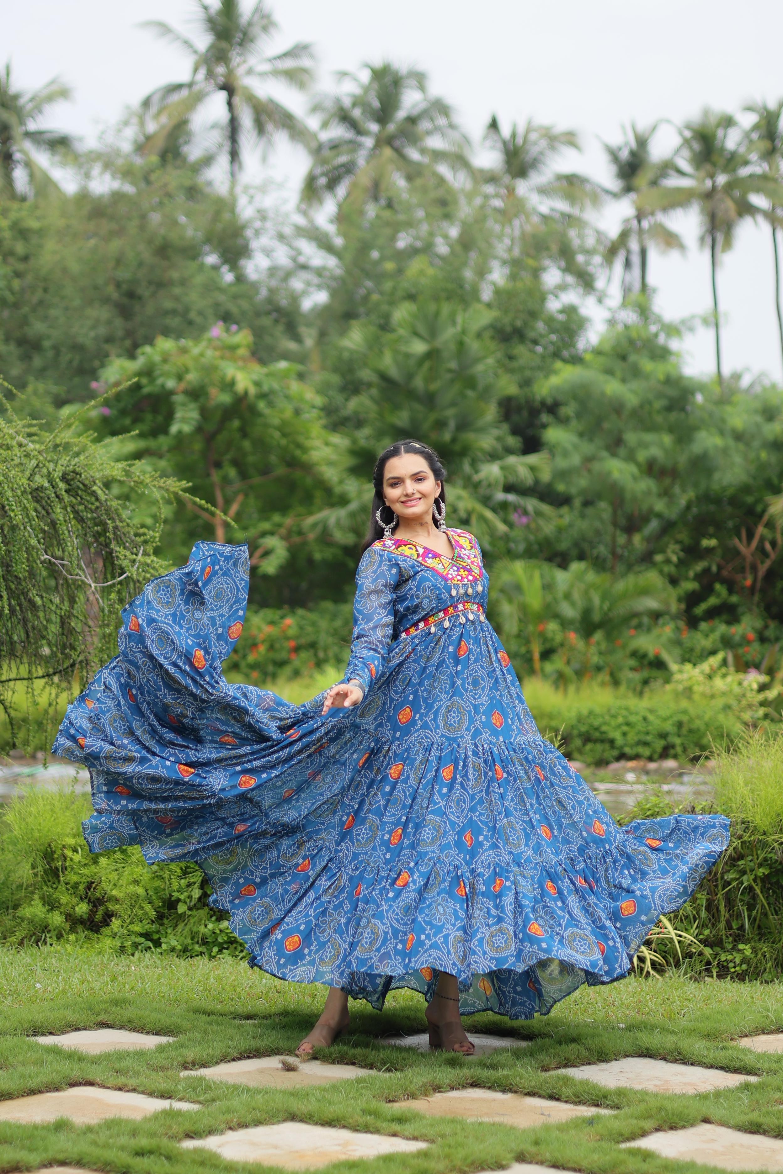 Sky Blue Color Bandhani Print Work Georgette Designer Navratri Gown