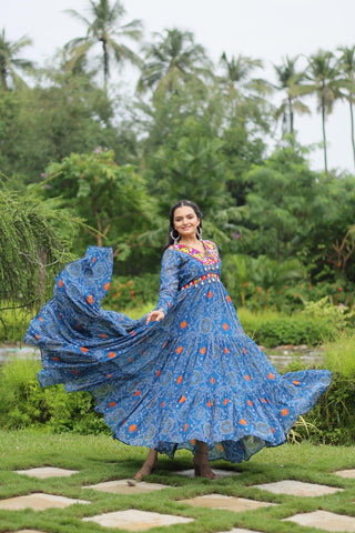 Sky Blue Color Bandhani Print Work Georgette Designer Navratri Gown