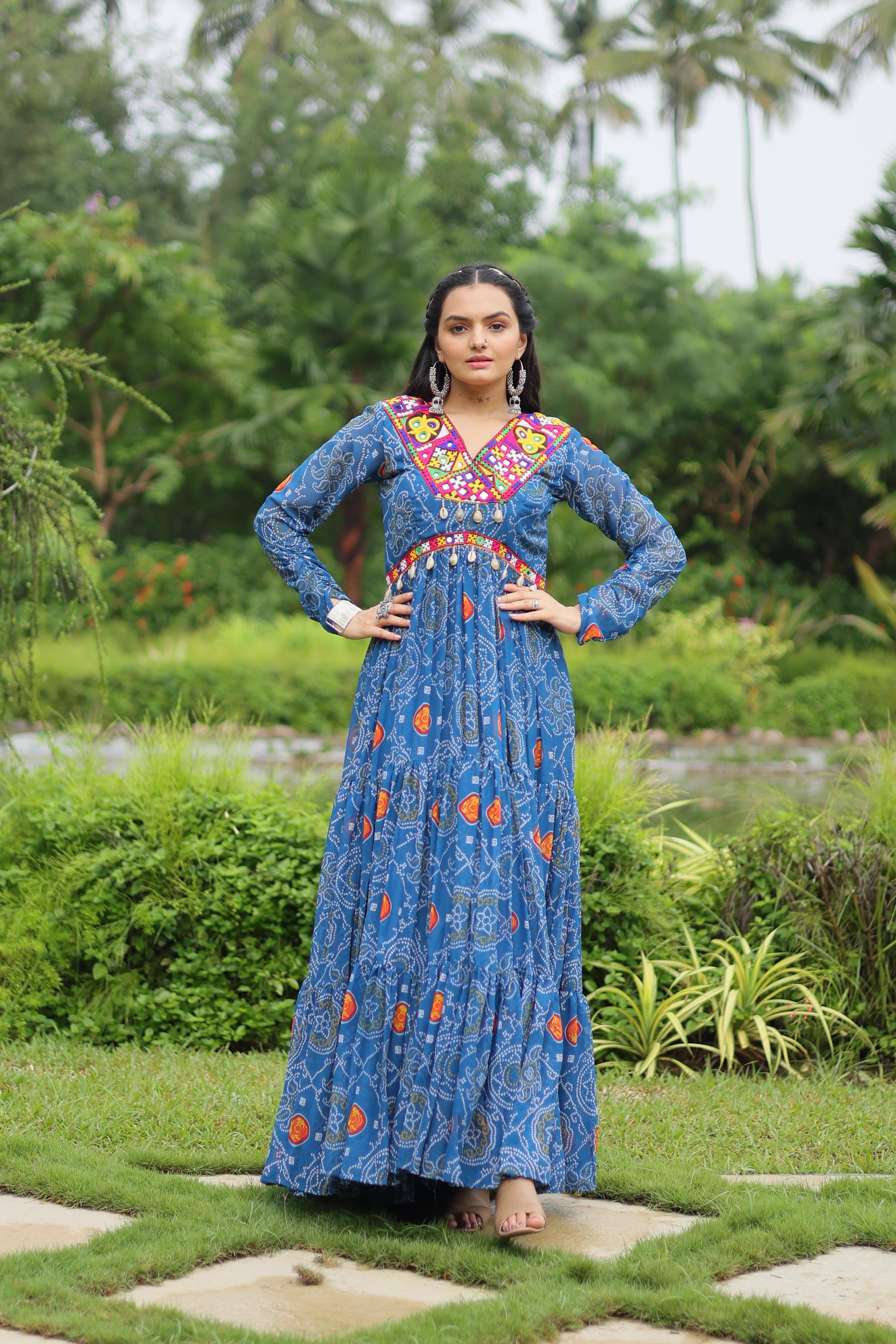 Sky Blue Color Bandhani Print Work Georgette Designer Navratri Gown