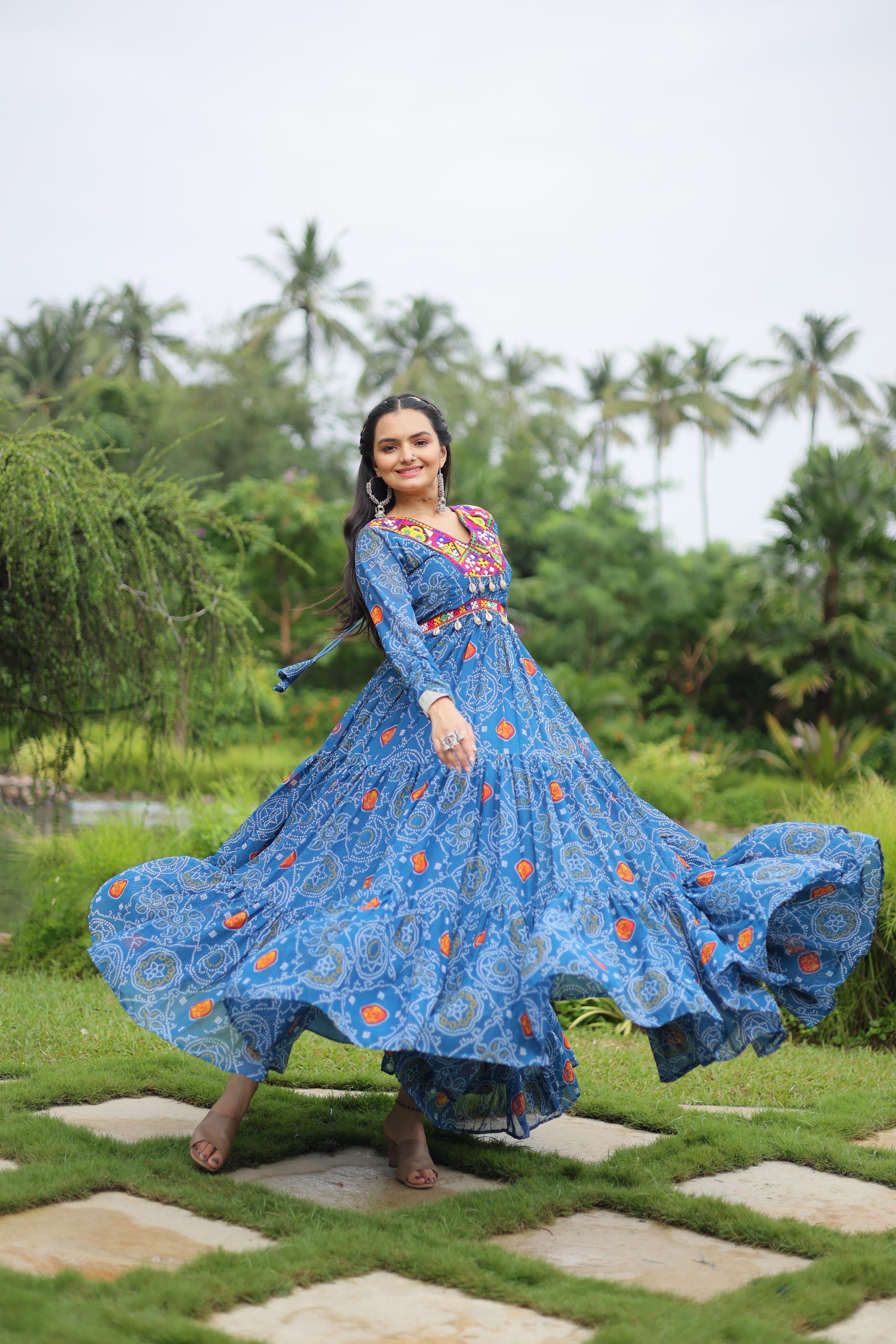 Sky Blue Color Bandhani Print Work Georgette Designer Navratri Gown