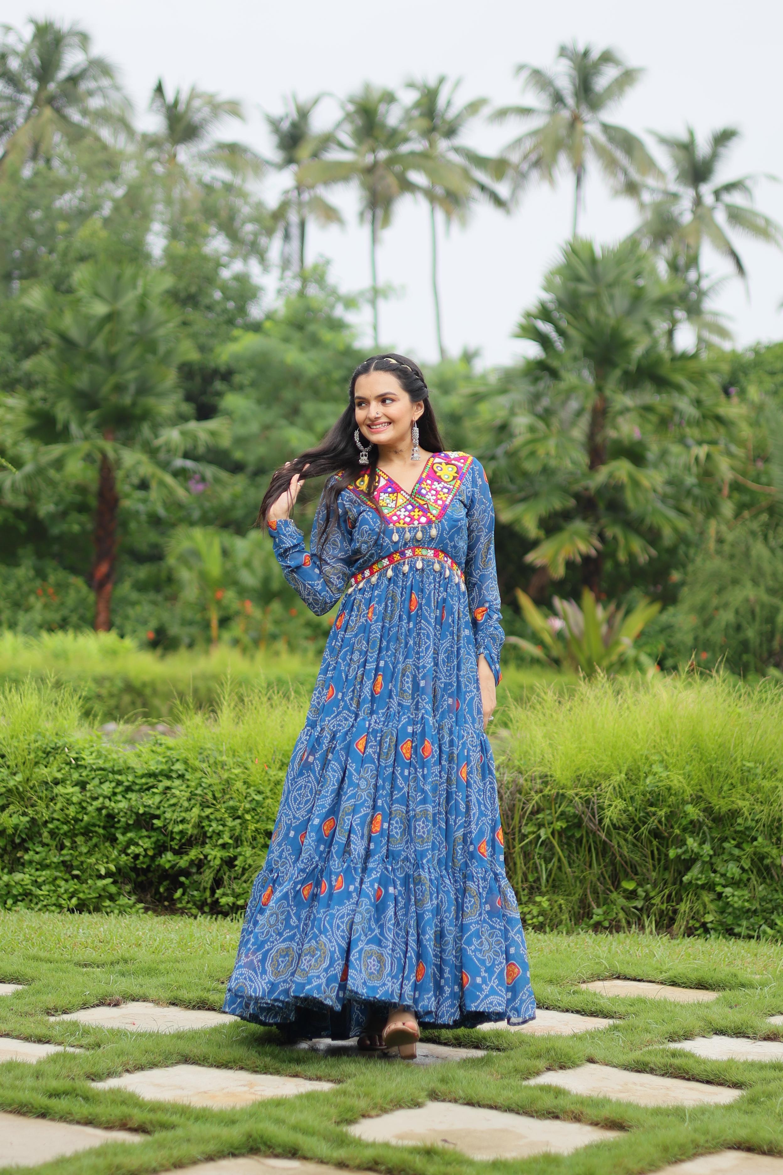 Sky Blue Color Bandhani Print Work Georgette Designer Navratri Gown