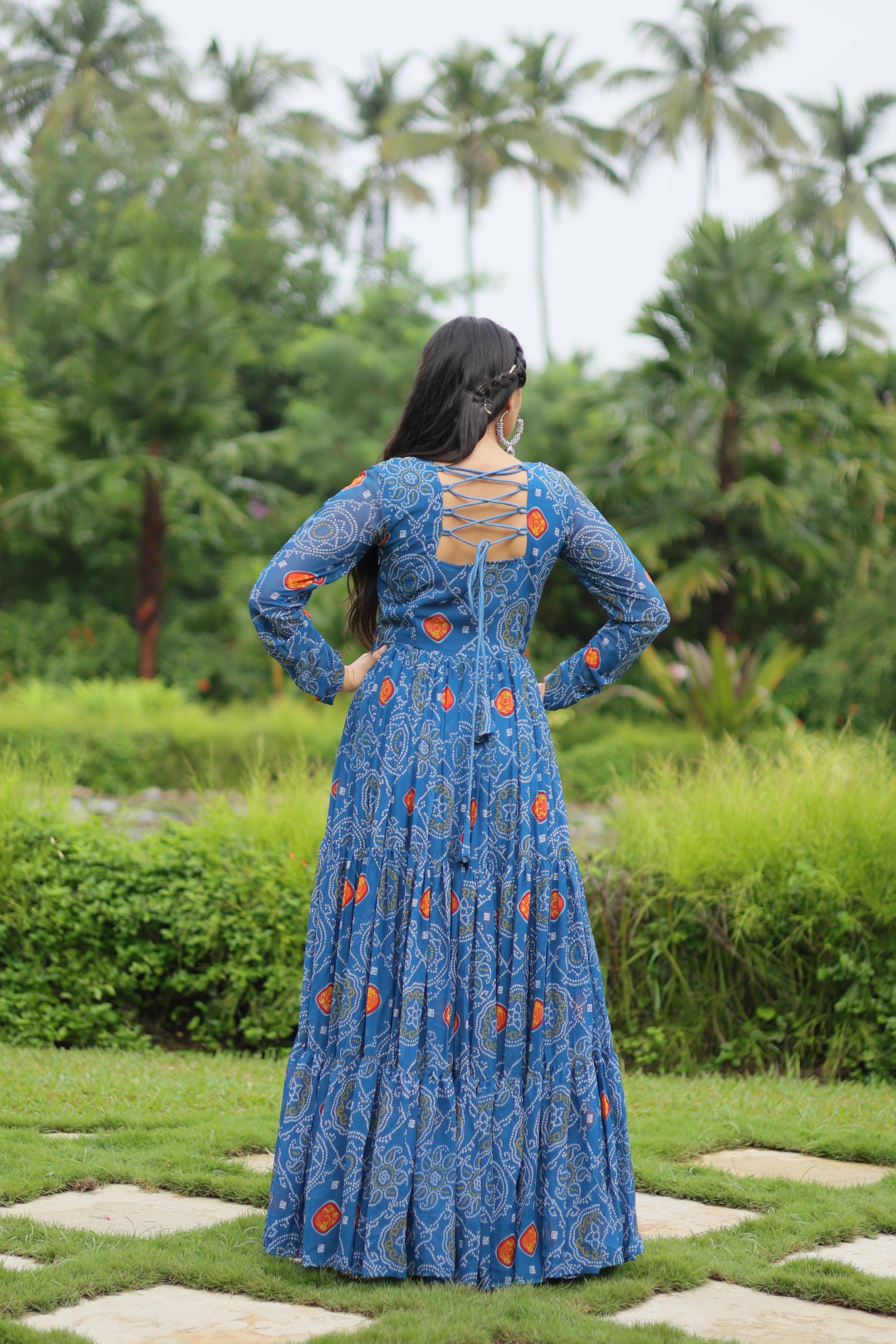 Sky Blue Color Bandhani Print Work Georgette Designer Navratri Gown