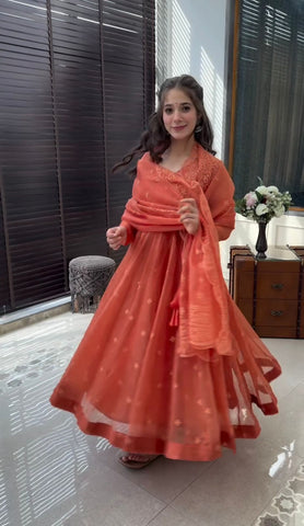 Party Wear Orange Color Heavy Faux Georgette With Embroidery Work Designer Gown With Pent
