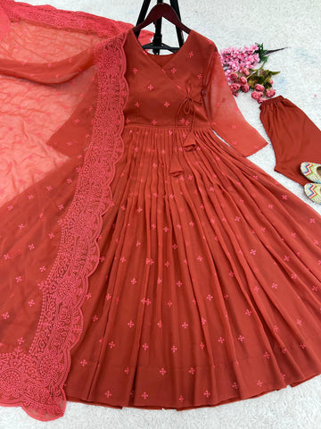 Party Wear Orange Color Heavy Faux Georgette With Embroidery Work Designer Gown With Pent