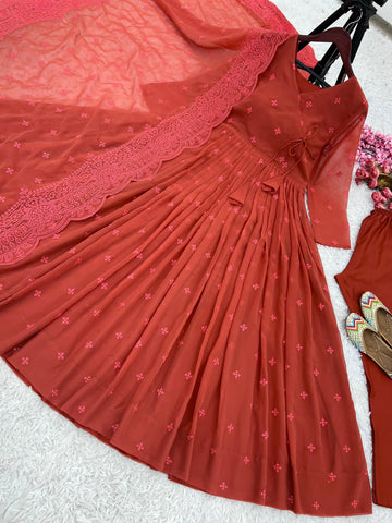 Party Wear Orange Color Heavy Faux Georgette With Embroidery Work Designer Gown With Pent