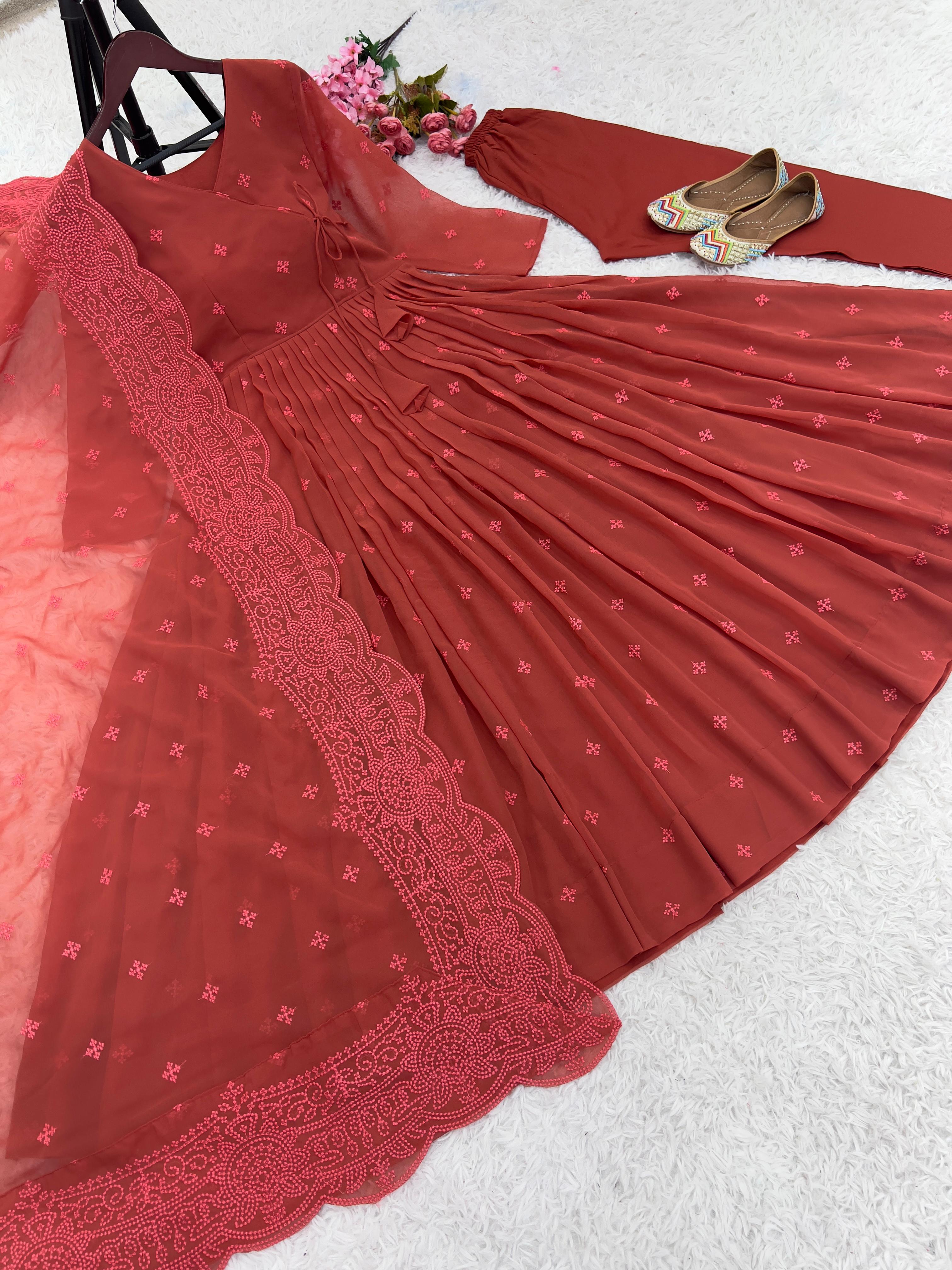 Party Wear Orange Color Heavy Faux Georgette With Embroidery Work Designer Gown With Pent