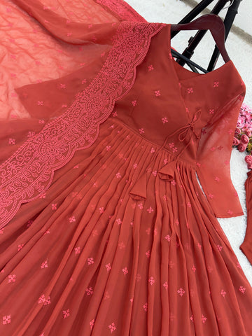 Party Wear Orange Color Heavy Faux Georgette With Embroidery Work Designer Gown With Pent