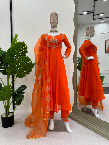 Casual Wear Orange Color Faux Georgette With Thread Work Designer Salwar Suit