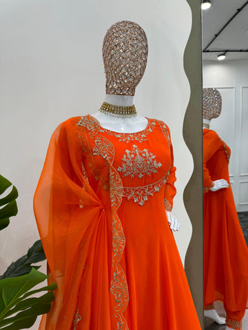 Casual Wear Orange Color Faux Georgette With Thread Work Designer Salwar Suit