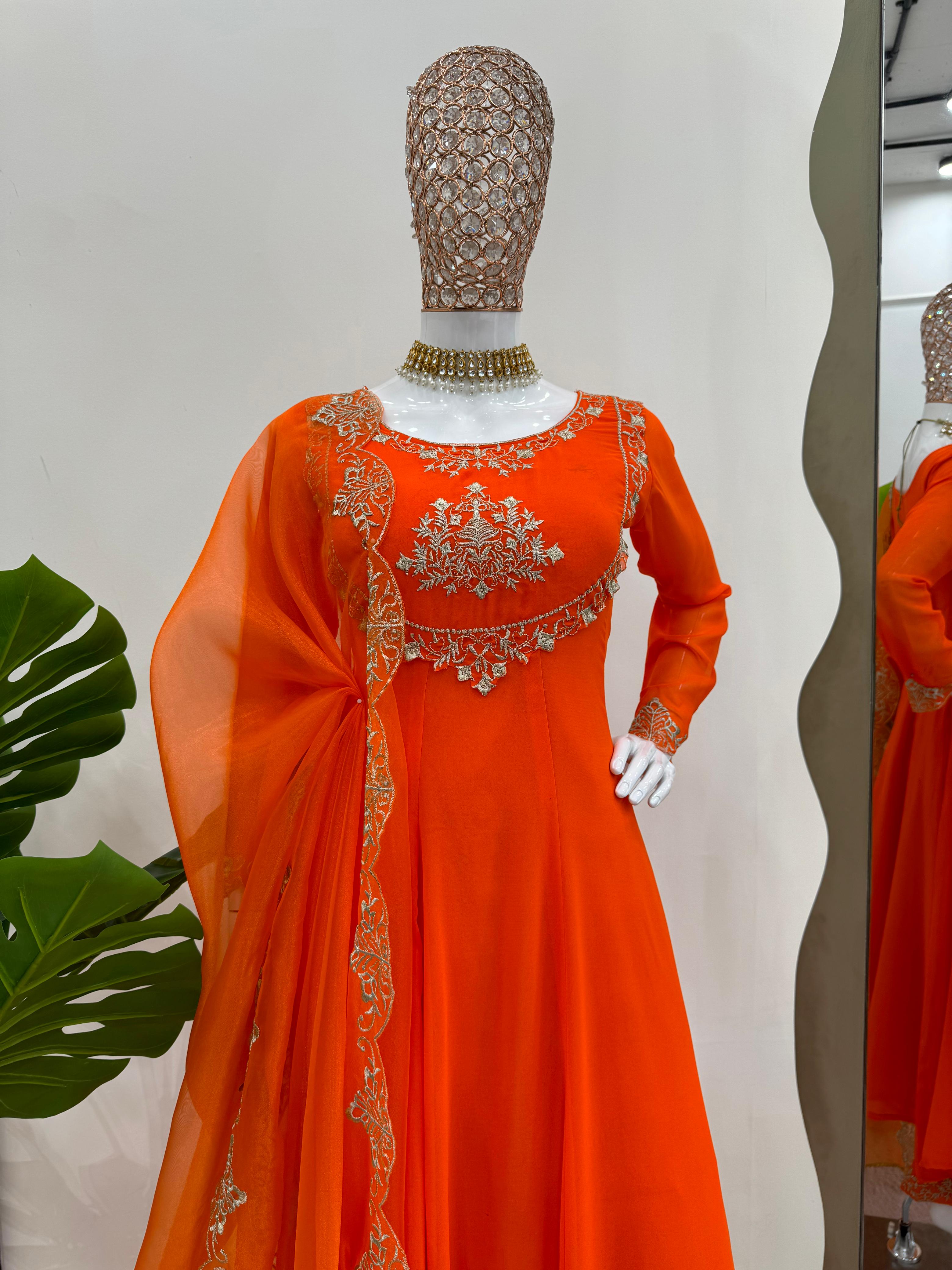 Casual Wear Orange Color Faux Georgette With Thread Work Designer Salwar Suit