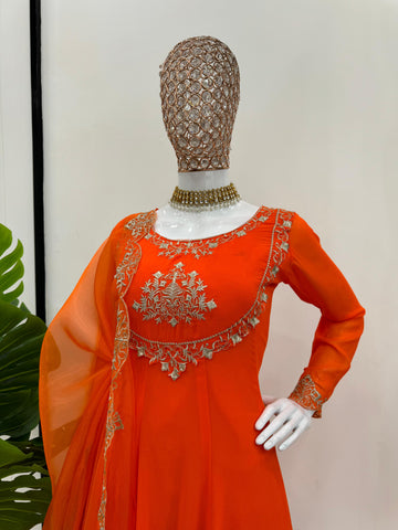 Casual Wear Orange Color Faux Georgette With Thread Work Designer Salwar Suit