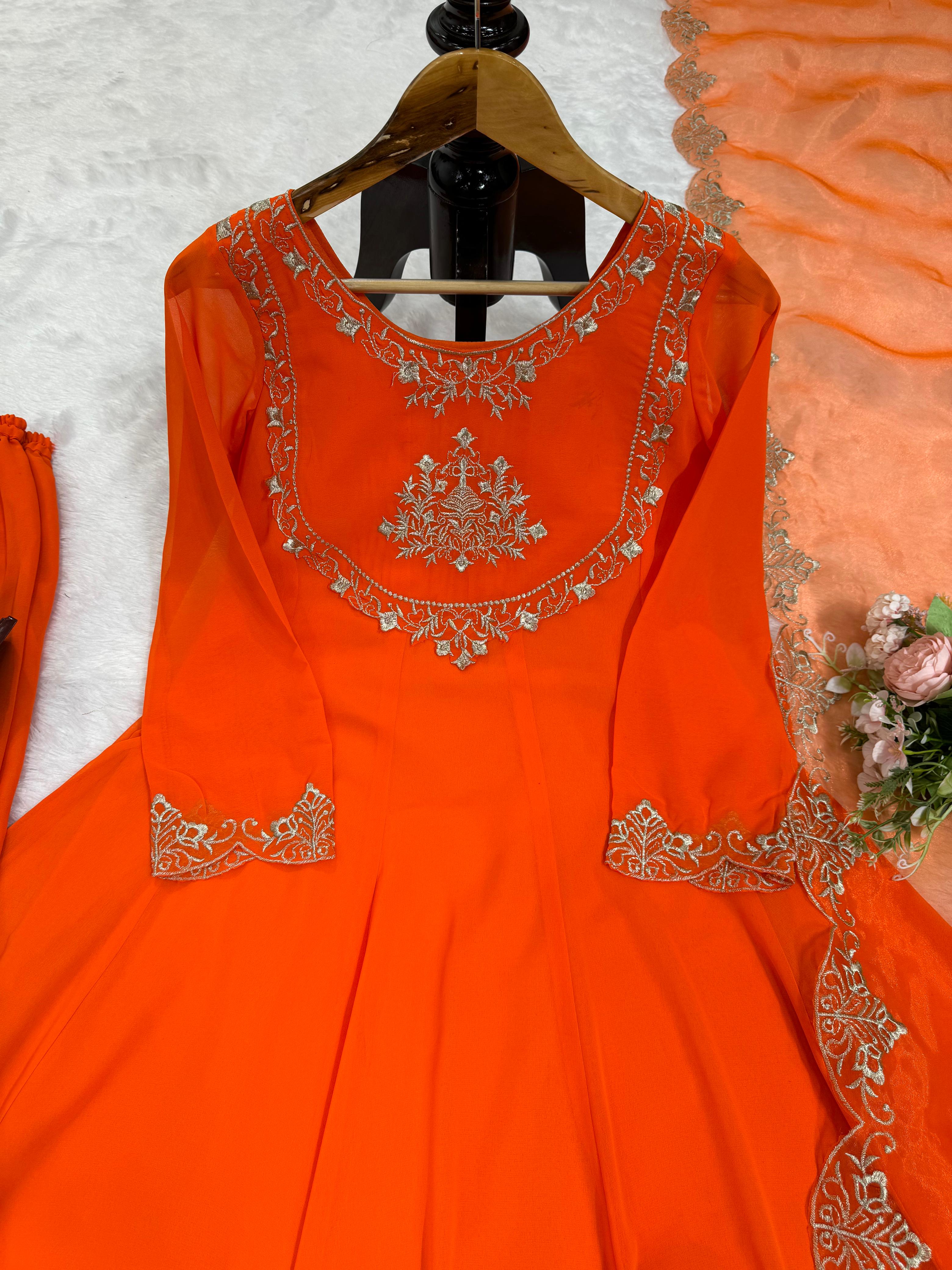 Casual Wear Orange Color Faux Georgette With Thread Work Designer Salwar Suit
