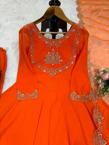 Casual Wear Orange Color Faux Georgette With Thread Work Designer Salwar Suit