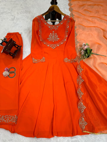 Casual Wear Orange Color Faux Georgette With Thread Work Designer Salwar Suit