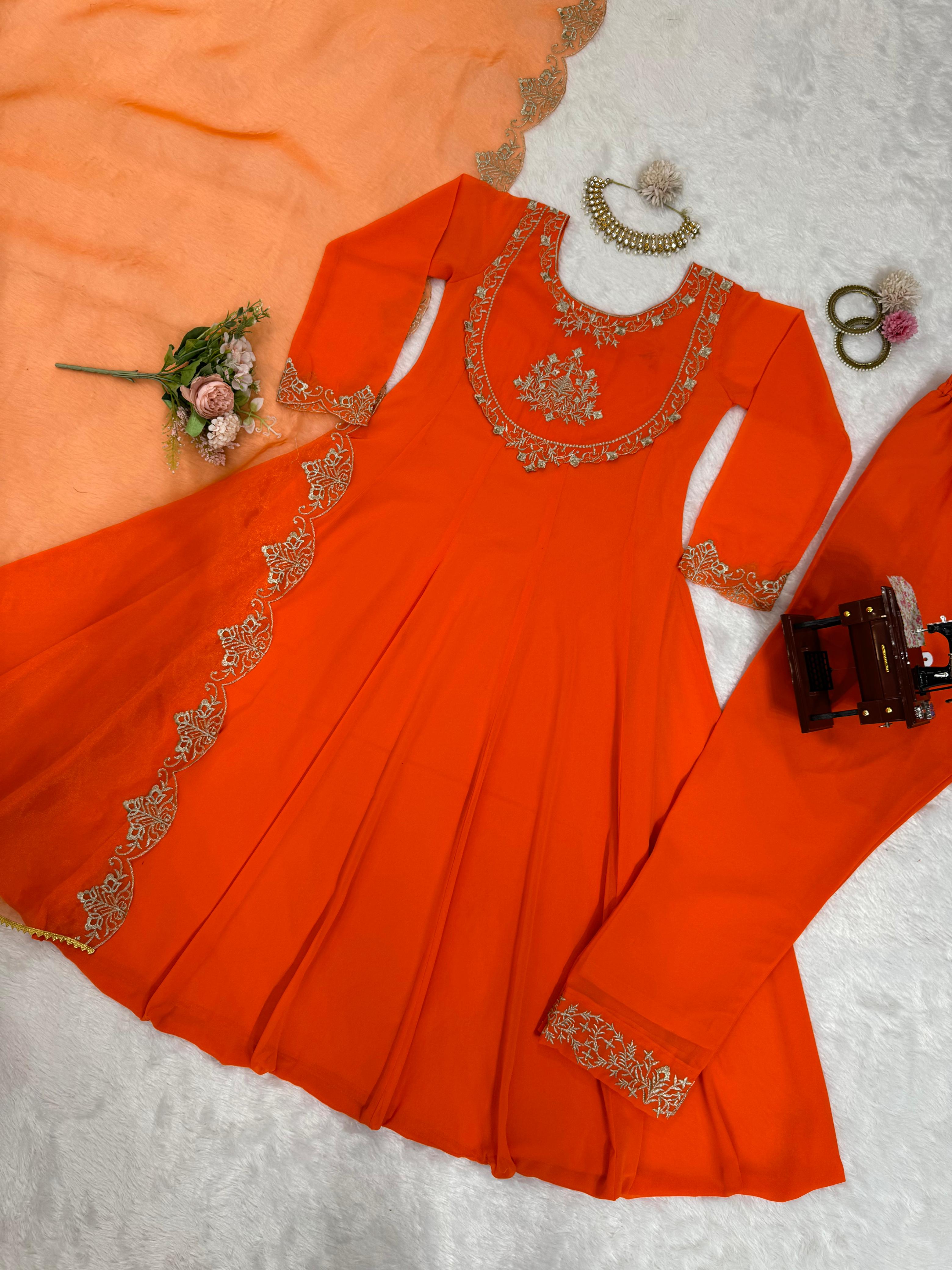 Casual Wear Orange Color Faux Georgette With Thread Work Designer Salwar Suit
