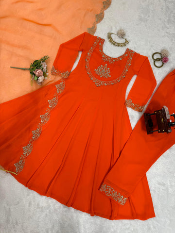Casual Wear Orange Color Faux Georgette With Thread Work Designer Salwar Suit