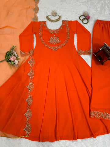 Casual Wear Orange Color Faux Georgette With Thread Work Designer Salwar Suit