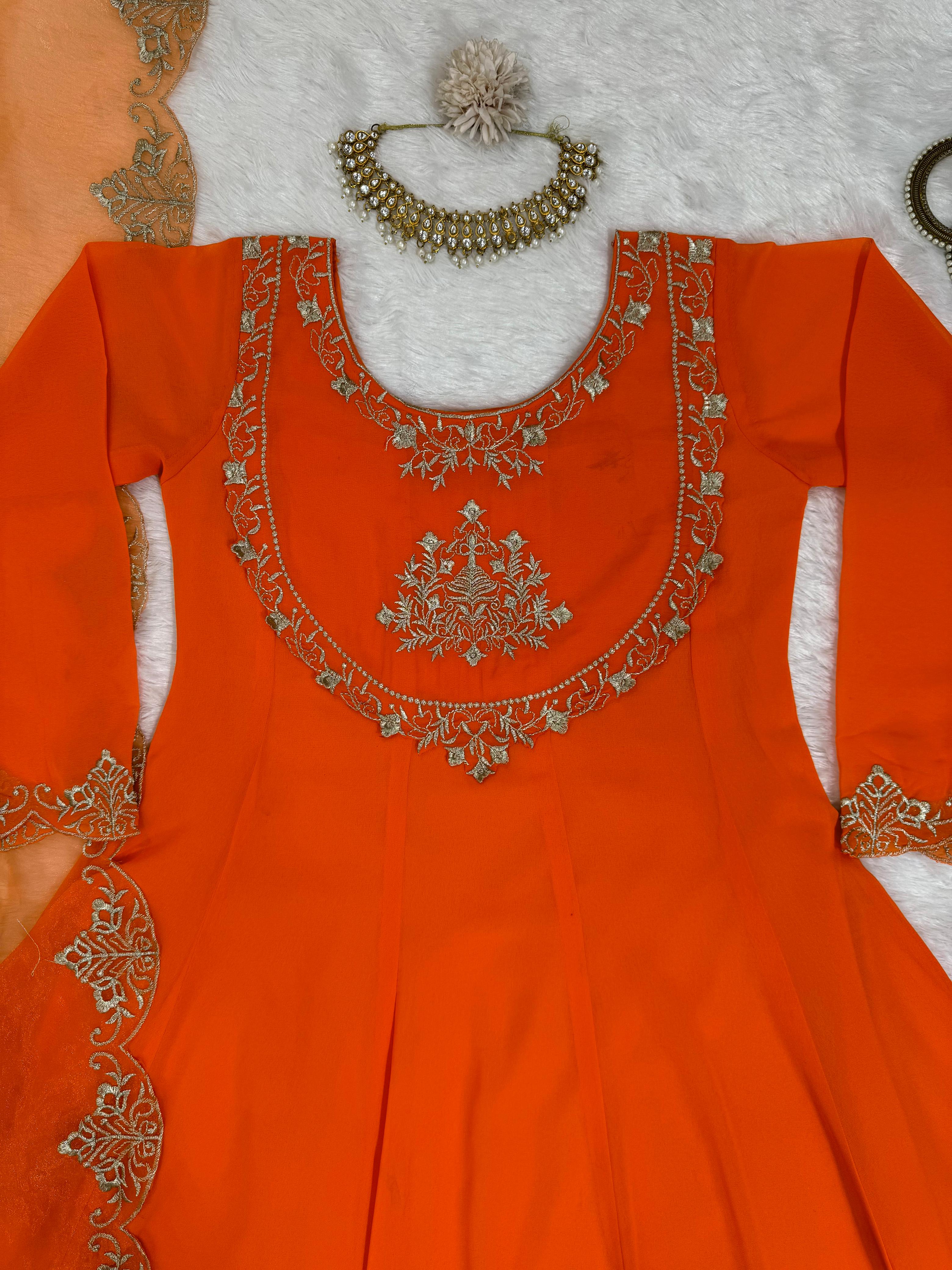 Casual Wear Orange Color Faux Georgette With Thread Work Designer Salwar Suit