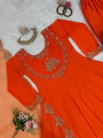 Casual Wear Orange Color Faux Georgette With Thread Work Designer Salwar Suit