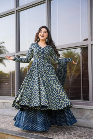 Party Wear Navy Blue Color Pure Soft Cotton Printed Anarkali Suit