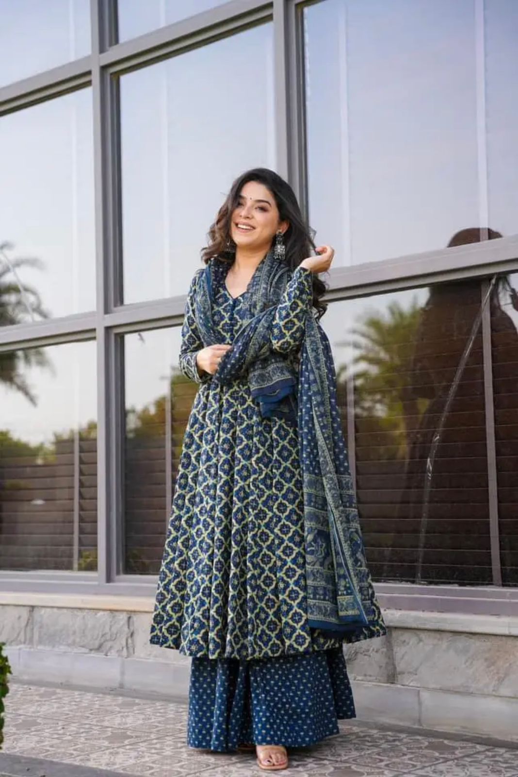 Party Wear Navy Blue Color Pure Soft Cotton Printed Anarkali Suit