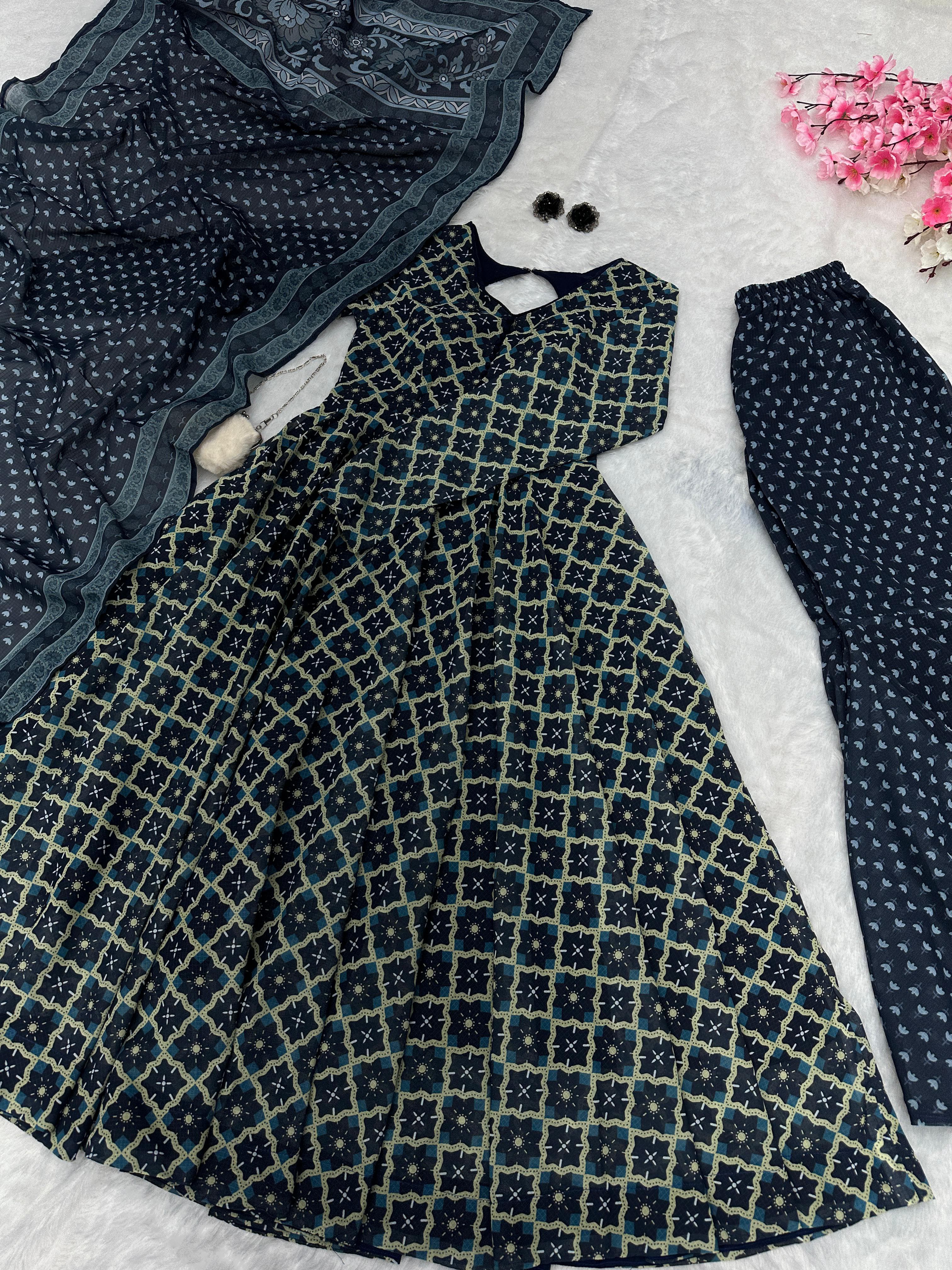 Party Wear Navy Blue Color Pure Soft Cotton Printed Anarkali Suit