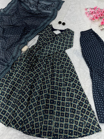 Party Wear Navy Blue Color Pure Soft Cotton Printed Anarkali Suit