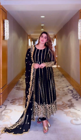 Wedding Wear Black Color Heavy Faux Georgette With Full Heavy Embroidery Sequence Work Anarkali Gown