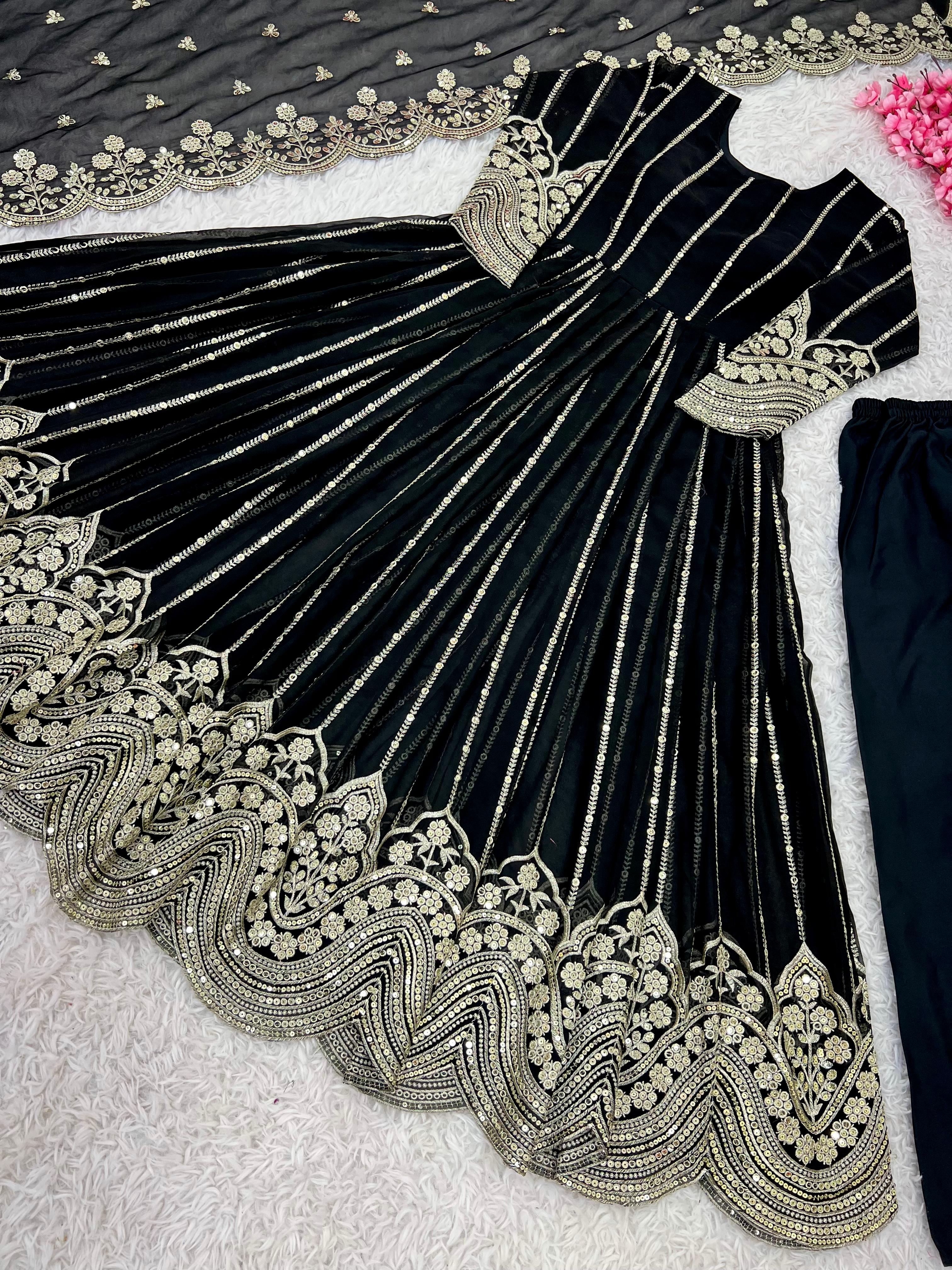 Wedding Wear Black Color Heavy Faux Georgette With Full Heavy Embroidery Sequence Work Anarkali Gown