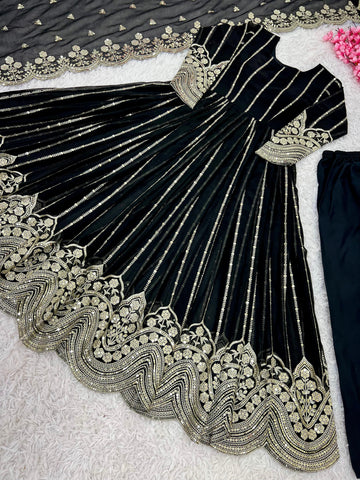 Wedding Wear Black Color Heavy Faux Georgette With Full Heavy Embroidery Sequence Work Anarkali Gown